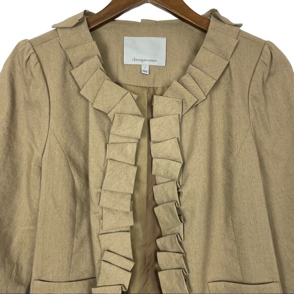 Classiques Entier | Brown Linen Blend Pleated Ruffle Trim Classy Office Jacket - Picture 3 of 10